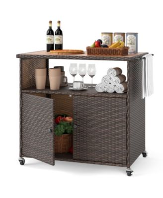 Outdoor Storage Cabinet with Acacia Wood Top and Lockable Wheels