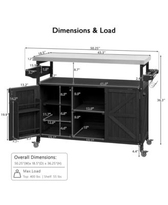 Outdoor Kitchen Island and Rolling Bar Cart, Farmhouse Solid Wood Grill Table with Stainless Steel Top, Spice Rack and Towel Rack