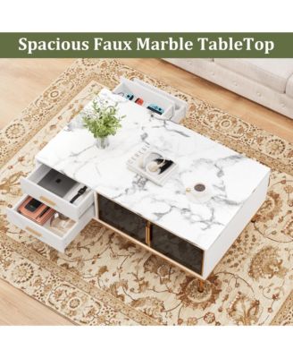 Modern Faux Marble Coffee Table with Storage, 4 Drawers, 2 Glass Doors, Fluted Design, Adjustable Legs