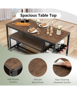 3PCS Rustic Kitchen Dining Set Includes Storage Rack w/ Rectangular Table and 2 Benches