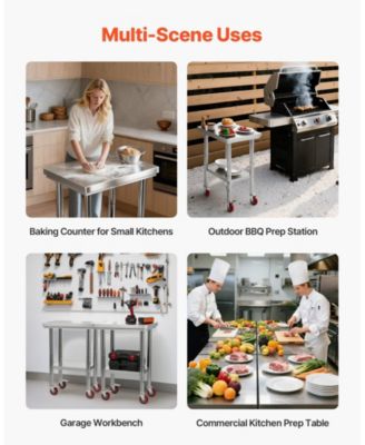 Stainless Steel Prep Table on Wheels with Adjustable Undershelf, 24 x 18 x 34 in