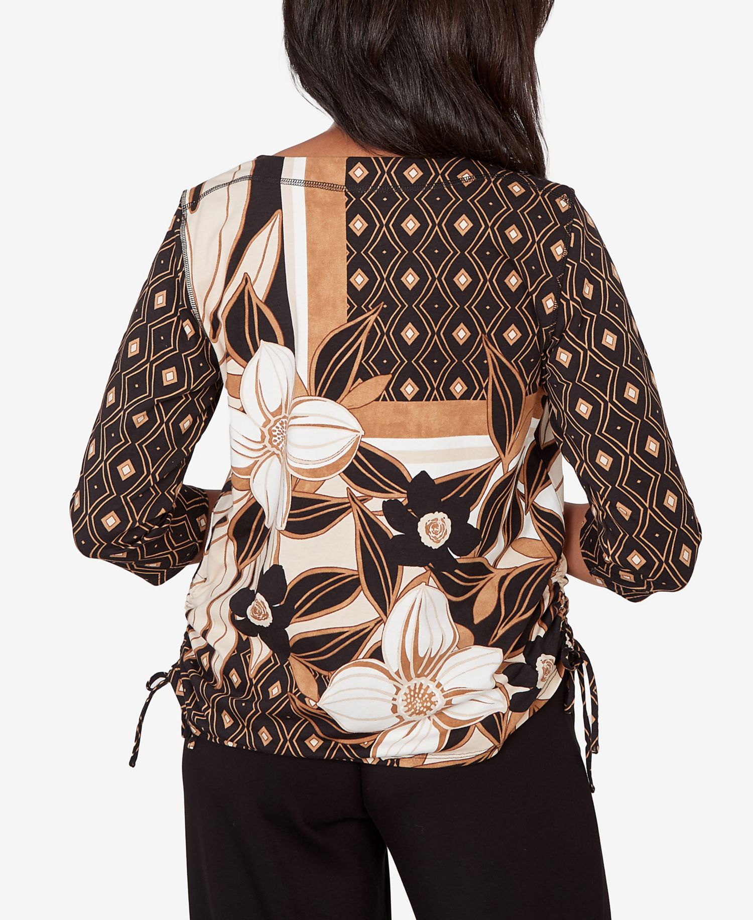 Women's Seville Floral Geometric Patchwork Side- Tie Crewneck Top