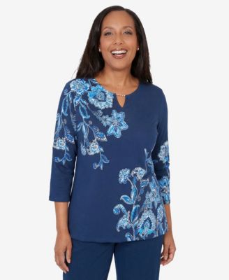 Women's Mykonos Asymmetrical Floral Split Beaded Neck Top