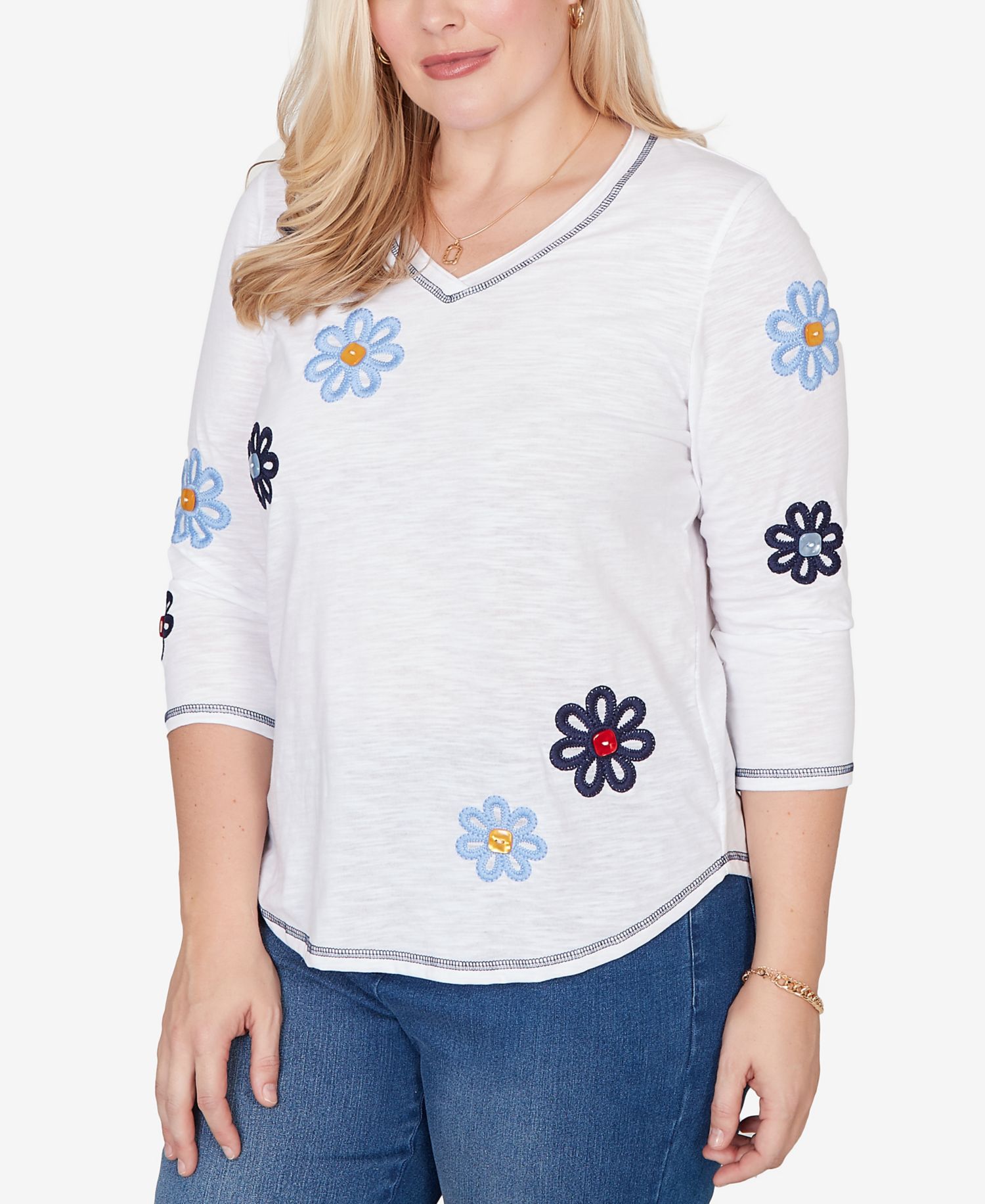 Women's Port Side Embellished Floral Button Top