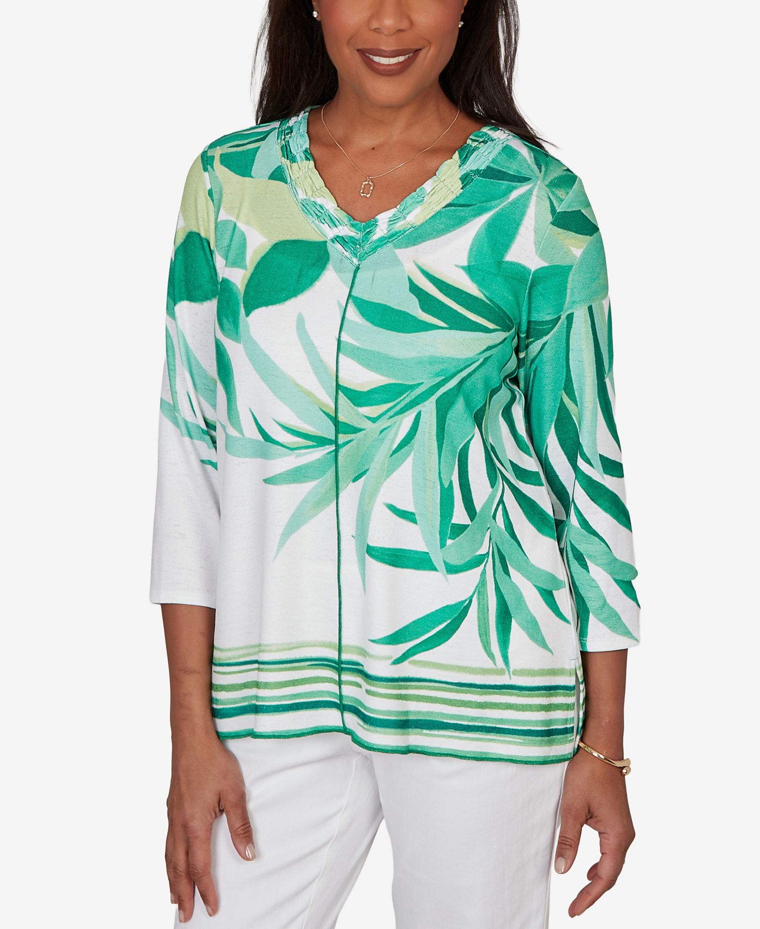 Women's Resort Living Artisan Leaf Bordered V-Neck Top