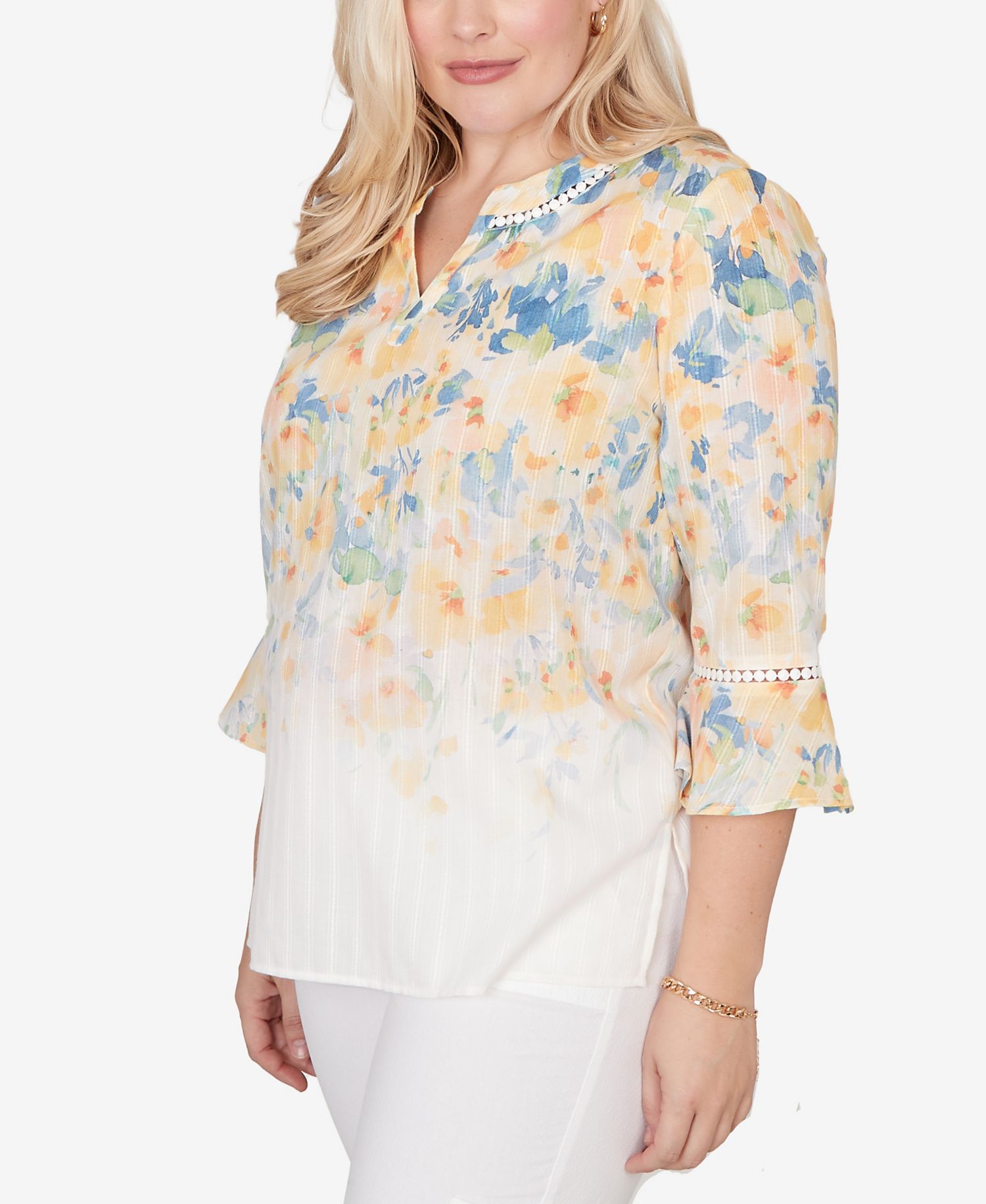 Women's Out of the Blue Falling Floral Three-Quarter-Sleeve Top