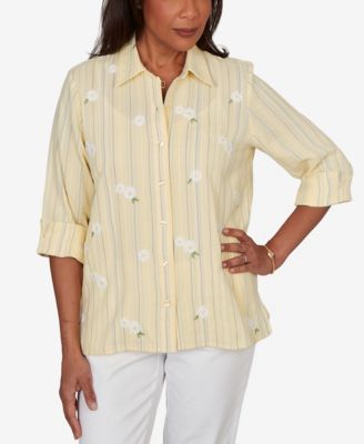 Women's Out of the Blue Embroidered Daisy Stripes Button-Front Top