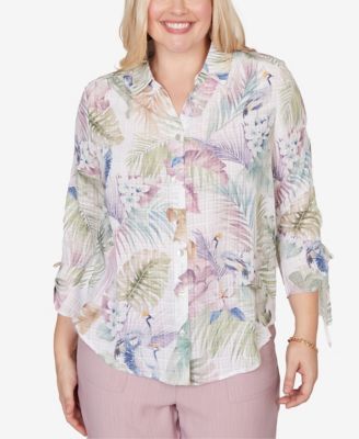 Women's Vintage Charm Tropical Button-Front Tie-Sleeve Top