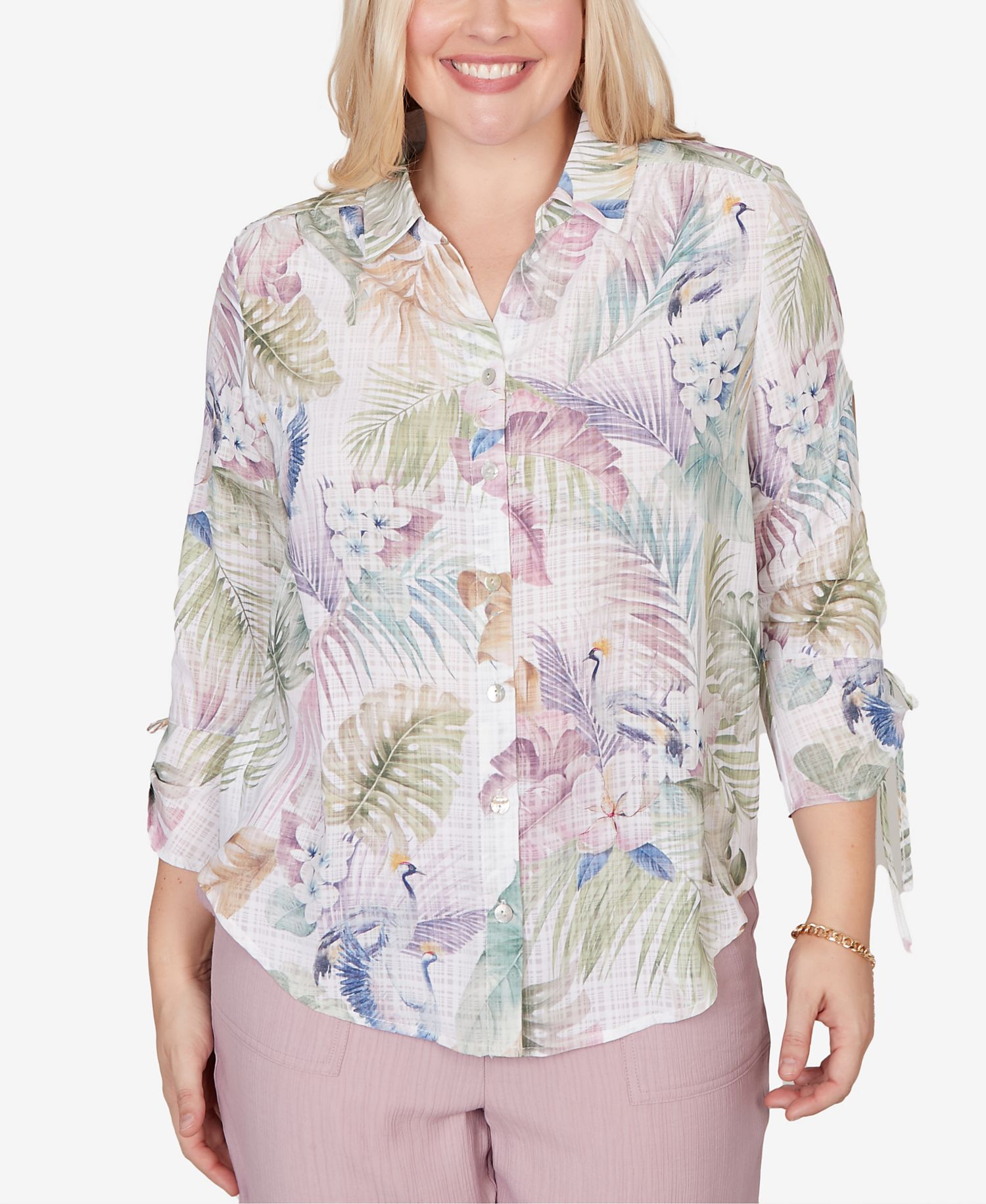 Women's Vintage Charm Tropical Button-Front Tie-Sleeve Top