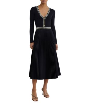 Women's Rib-Knit Stripe-Trim Pleated Midi Dress