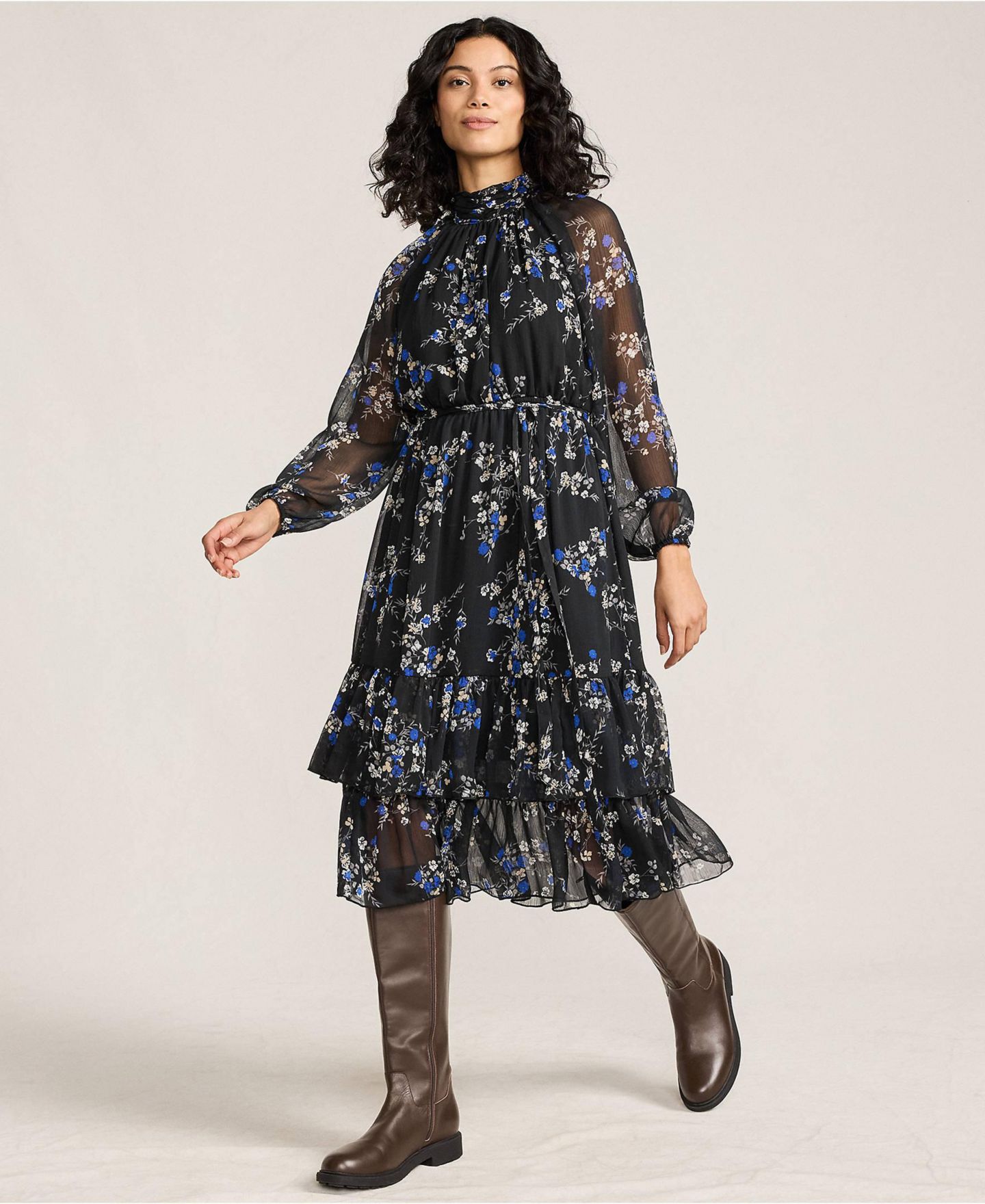 Женское платье Lands' End Crinkle Chiffon Ruffle, цвет: Чёрный / С принтом — фото 4