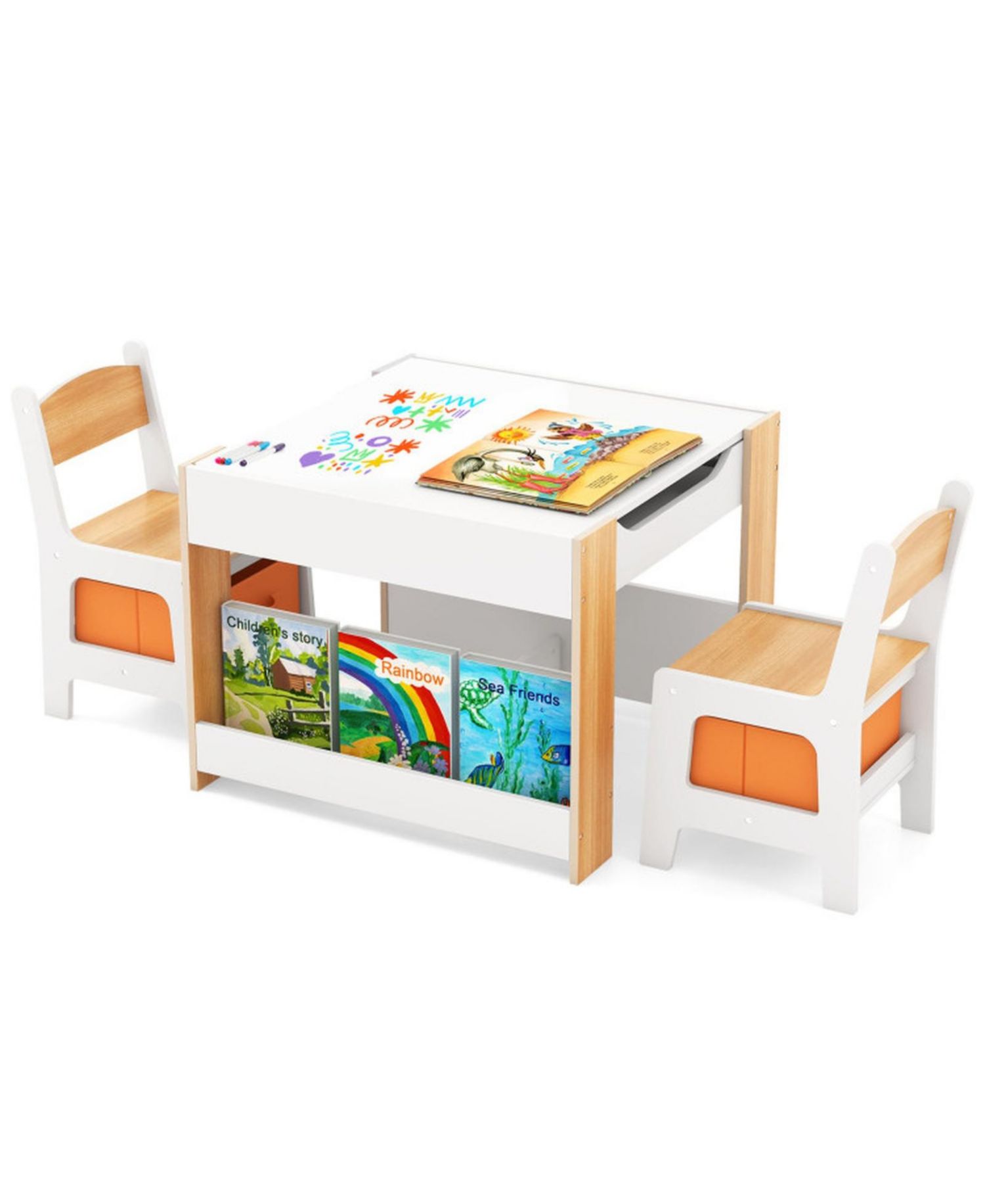 4-in-1 Kids Activity Table and 2 Chairs Set with Reversible Tabletop
