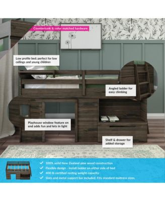 Modern Farmhouse Low Loft Bed with Storage Drawer, Solid Wood Bed for Kids