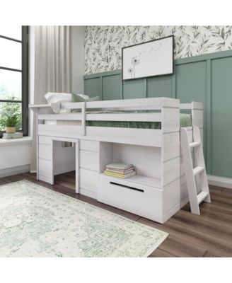 Modern Farmhouse Low Loft Bed with Storage Drawer, Solid Wood Bed for Kids