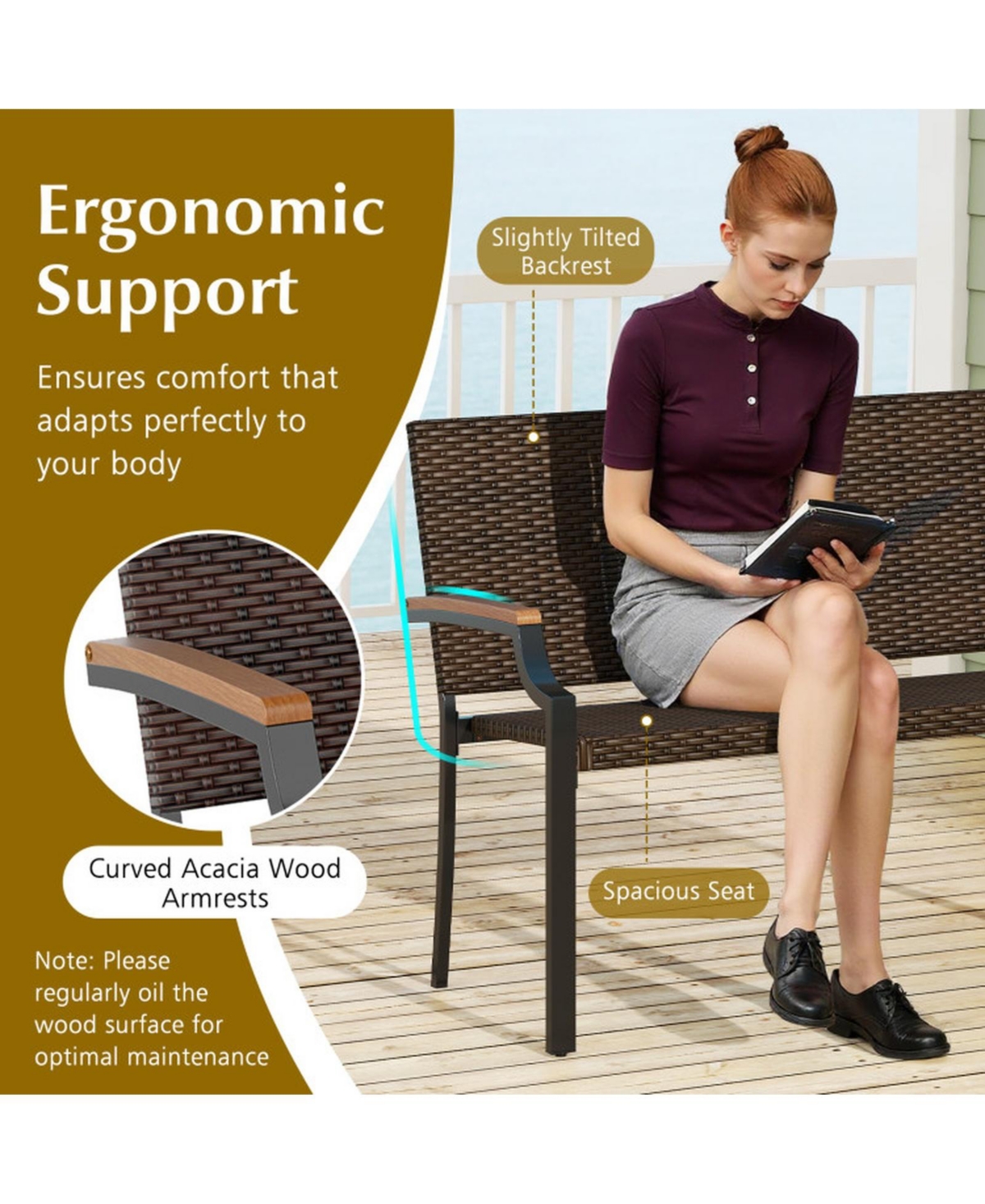 Gouun Stackable Pe Wicker Patio Loveseat with Acacia Wood Armrests