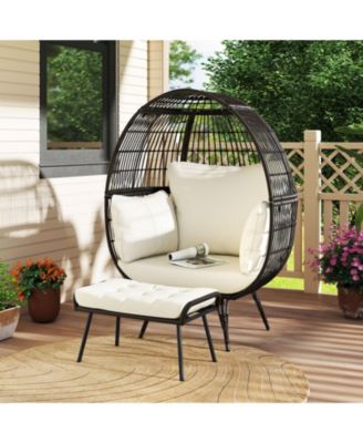 Oversized Rattan Egg Lounge Chair with Ottoman and Cushions