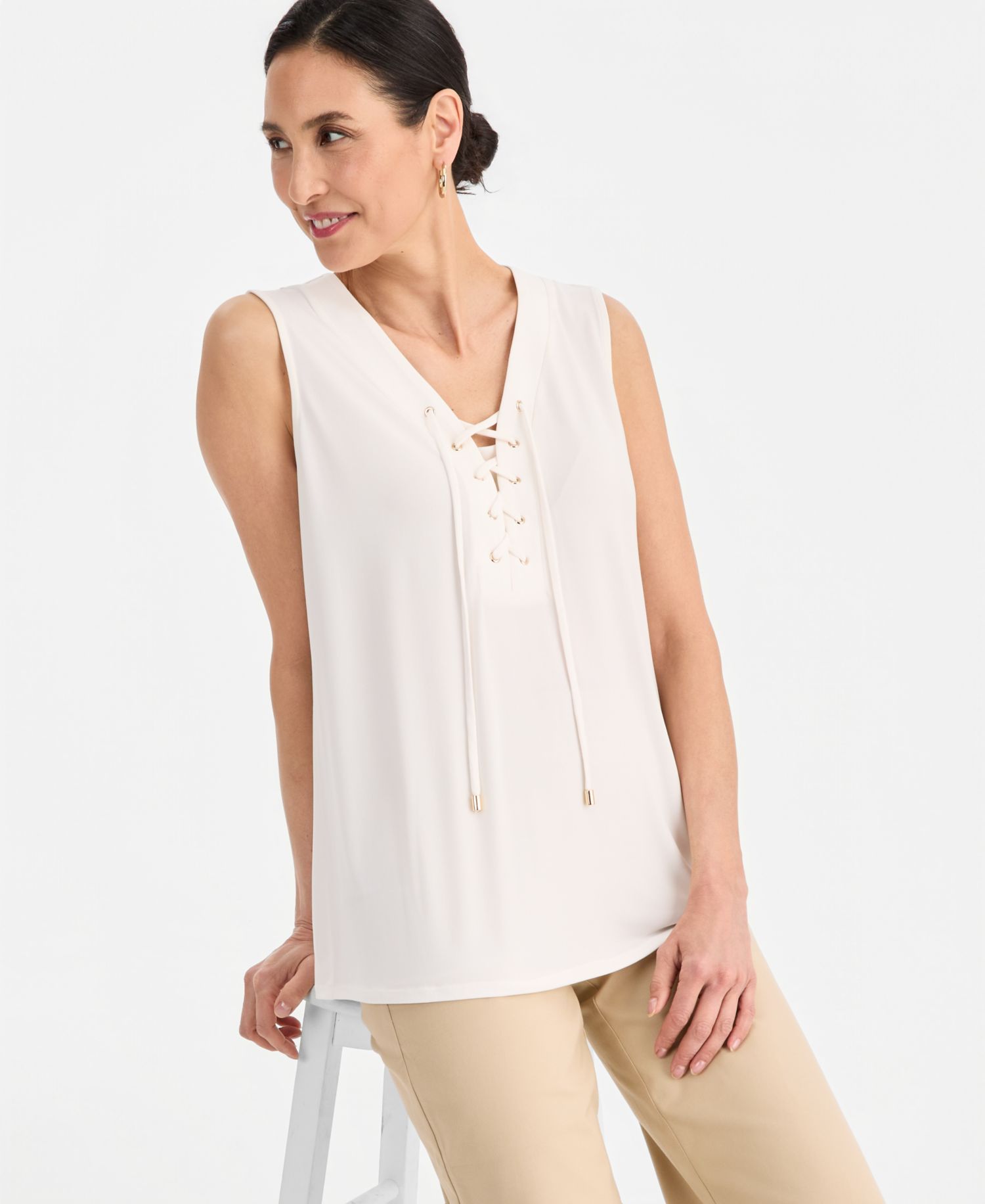 Petite Solid Lace-Up Sleeveless Top