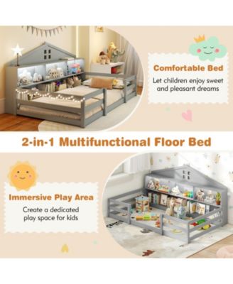 Twin Montessori Floor Bed with Storage Shelves and Storage Compartments