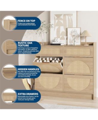 Rattan Shoe Cabinet with Adjustable Shelves and Metal Handles, Narrow Entryway Storage