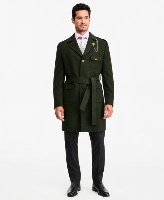Men's Classic-Fit Green Herringbone Overcoat  