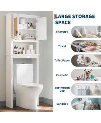 Storage Cabinet, Over Toilet Bathroom Organizer with Rattan Doors, Bathroom Cabinet with Adjustable Shelf and with Anti-Tip Device