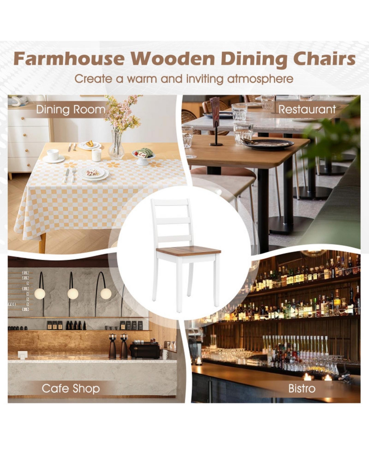 Gouun Set of 2 Ladder-Back Dining Chairs with Solid Rubber Wood Legs