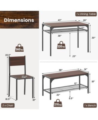 4-Piece Industrial Dining Table Set with Bench, Chairs and Storage