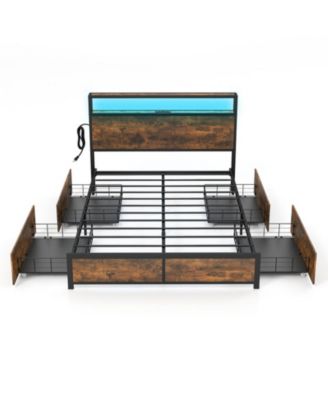 Full Size LED Bed Frame with 4 Storage Drawers and Built-In Charging Station