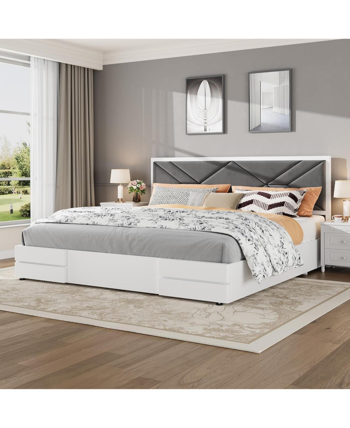 Homfan Modern Soft Upholstered Platform Bed Frame with Headboard - Sturdy Wood Slats