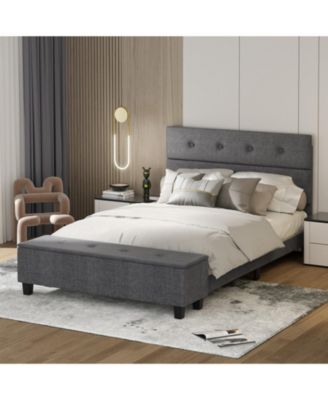 Full Upholstered Platform Bed Frame with Ottoman Storage and Tufted Headboard