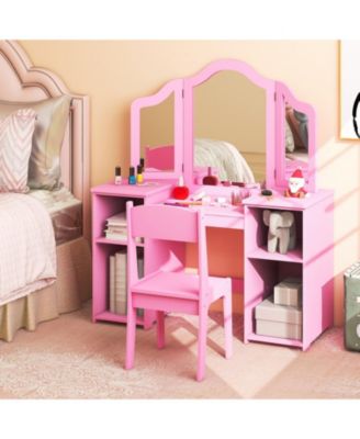 Kids Vanity Set with Tri-Folding Acrylic Mirror, 4 Storage Cubbies and High-Back Chair