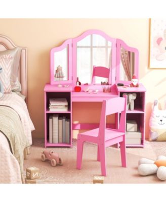 Kids Vanity Set with Tri-Folding Acrylic Mirror, 4 Storage Cubbies and High-Back Chair