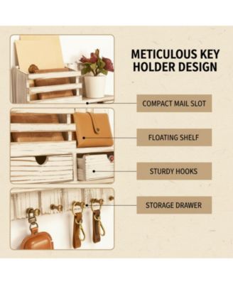 Wall Mounted Key Holder with 2 Drawers 6 Hooks Shelf Mail Organizer Decor