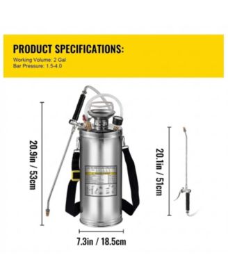 2Gal Stainless Steel Sprayer, 20" Wand, Adjustable Nozzle for Gardening