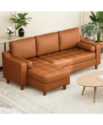 L-shape sectional sofa with convertible chaise, deep seat design, modern mid-century style, comfy 3-seat leather couch for living rooms.