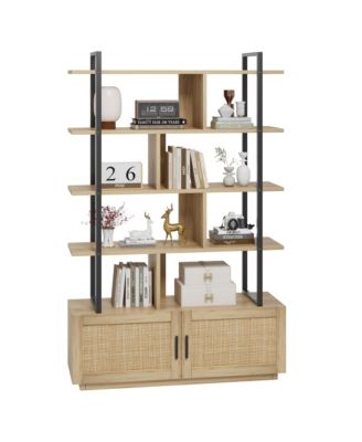 5-Tier Tall Rattan Office Bookshelf - 71.1" Industrial Bookcase - Storage Cabinet with Door - Metal Frame, Open Display Shelves