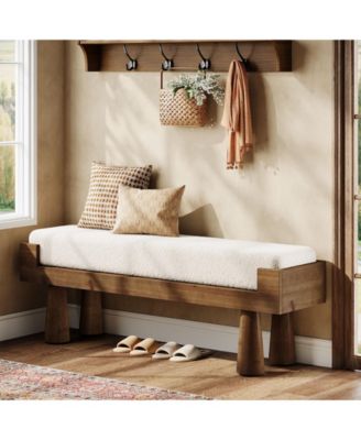 47.24'' Entryway Bench, End of Bed Bench with Berber Fleece Cushion, Wooden Shoe Bench