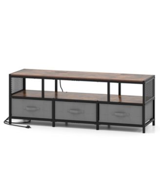 Industrial 55-Inch TV Stand with Power Outlets and Fabric Drawers