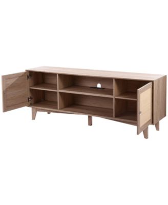 Rattan TV Stand, Mid Century Modern, Adjustable Shelfs, with USB Ports for Living Room