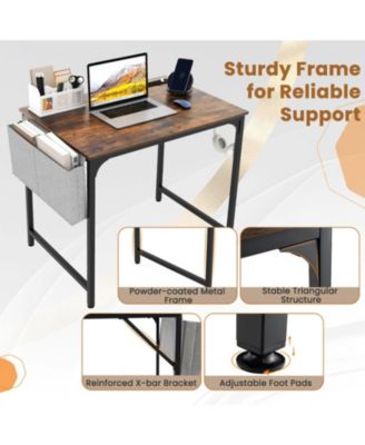 Compact Home Office Desk with Built-In Charging Station, Storage Bag and Headphone Hook