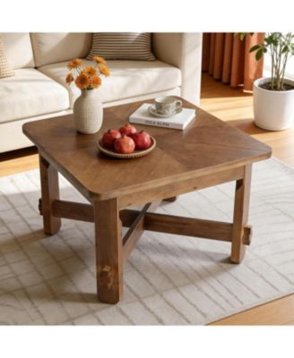 Solid Wood Square Coffee Table, 31.5" Farmhouse Accent Center Table with Sturdy Cross-braced Legs, Mid-Century Modern Tea Cocktail Tables