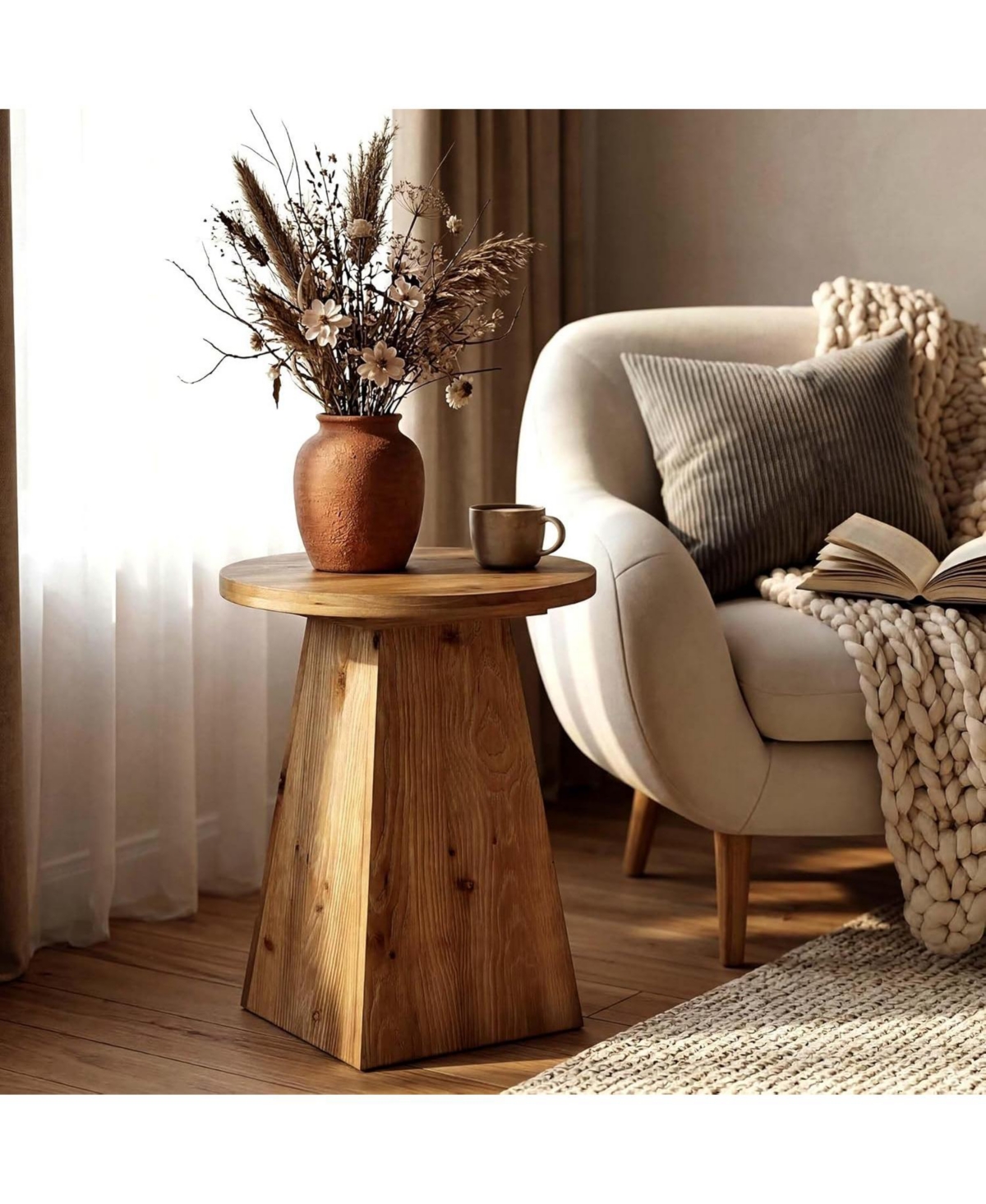 Tribesigns Solid Wood End Table, 19" Round Side Table with Trapezoid Base for Small Spaces, Living Room, Easy Assembly