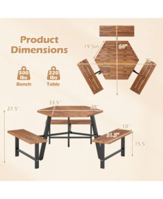 6-Person Acacia Wood Picnic Table and 3-Bench Set with Umbrella Hole