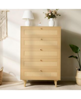 5 Drawer Rattan Dresser, Modern Closet Chest with Metal Handles, Wood Legs