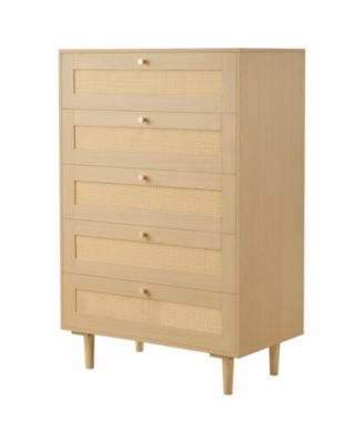 5 Drawer Rattan Dresser, Modern Closet Chest with Metal Handles, Wood Legs