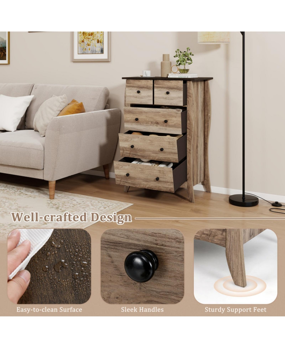 Gouun 5-Drawer Fabric Storage Dresser with Wooden Top and Anti-Tipping Kit