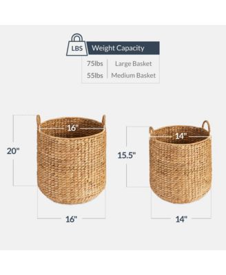 2-Piece Round Nesting Baskets Handles, Handwoven Water Hyacinth, Storage Organizer