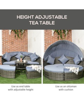 4pc Rattan Patio Furniture Set, Round Convertible Daybed or Sunbed, Adjustable Sun Canopy, Sectional Outdoor Sofa, 2 Chairs, Extending Tea Table, 3 Pillows, Light Gray