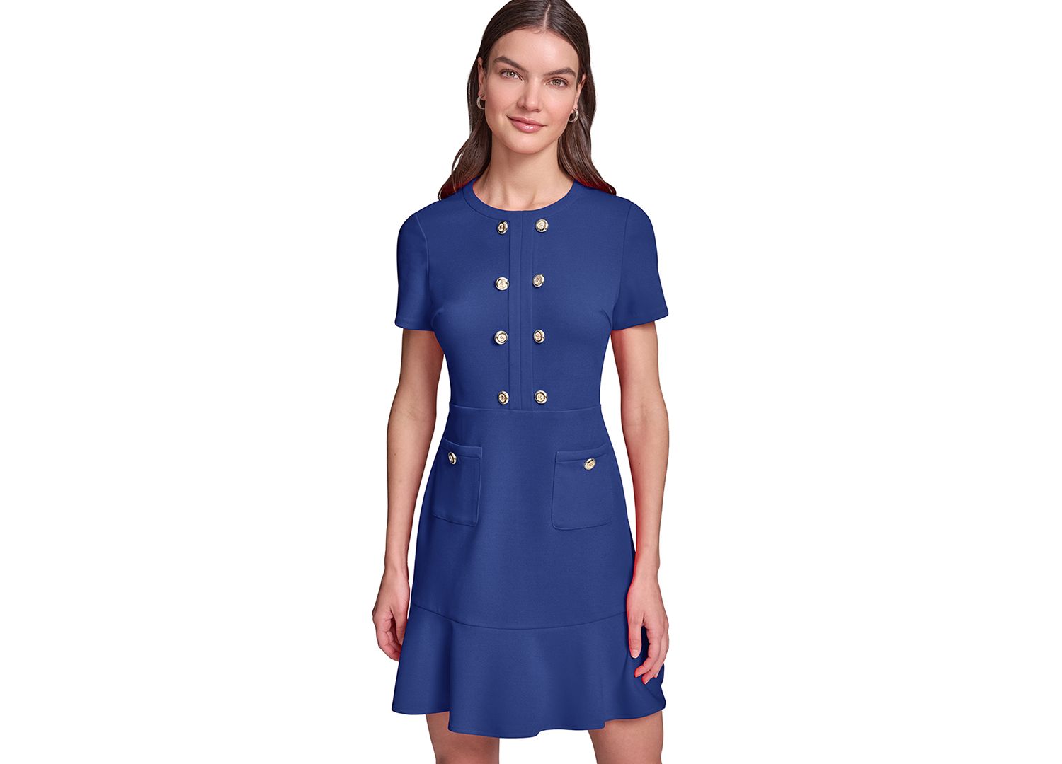 Women's Short-Sleeve Scuba Crepe with Flounce Hem and Button Dress