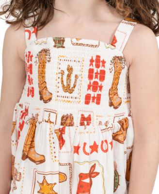 Rare Editions Girls' 2T-6X Western Printed Woven Romper Dress with Smocking